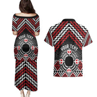 Personalised Aotearoa Niho Taniwha Motif Couples Matching Puletasi and Hawaiian Shirt Red Style