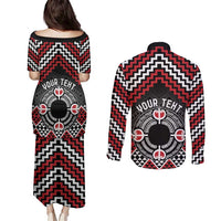 Personalised Aotearoa Niho Taniwha Motif Couples Matching Puletasi and Long Sleeve Button Shirt Red Style LT9 - Polynesian Pride
