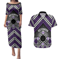Personalised Aotearoa Niho Taniwha Motif Couples Matching Puletasi and Hawaiian Shirt Violet Style