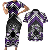 Personalised Aotearoa Niho Taniwha Motif Couples Matching Short Sleeve Bodycon Dress and Hawaiian Shirt Violet Style