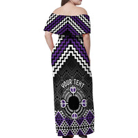 Personalised Aotearoa Niho Taniwha Motif Family Matching Off Shoulder Maxi Dress and Hawaiian Shirt Violet Style