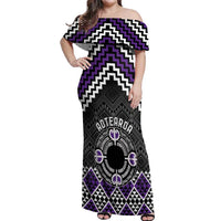 Personalised Aotearoa Niho Taniwha Motif Off Shoulder Maxi Dress Violet Style