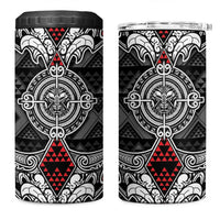 Black Aotearoa Taniko Motif 4 in 1 Can Cooler Tumbler Vintage Maori New Zealand Tribal Art Pattern