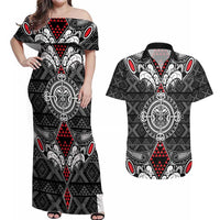 Black Aotearoa Tanilo Motif Couples Matching Off Shoulder Maxi Dress and Hawaiian Shirt Vintage Maori New Zealand Tribal Art Pattern