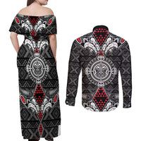 Black Aotearoa Tanilo Motif Couples Matching Off Shoulder Maxi Dress and Long Sleeve Button Shirt Vintage Maori New Zealand Tribal Art Pattern LT9 - Polynesian Pride