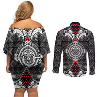 Black Aotearoa Tanilo Motif Couples Matching Off Shoulder Short Dress and Long Sleeve Button Shirt Vintage Maori New Zealand Tribal Art Pattern LT9 - Polynesian Pride