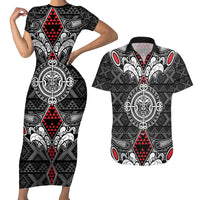 Black Aotearoa Tanilo Motif Couples Matching Short Sleeve Bodycon Dress and Hawaiian Shirt Vintage Maori New Zealand Tribal Art Pattern