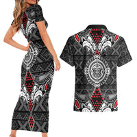 Black Aotearoa Tanilo Motif Couples Matching Short Sleeve Bodycon Dress and Hawaiian Shirt Vintage Maori New Zealand Tribal Art Pattern
