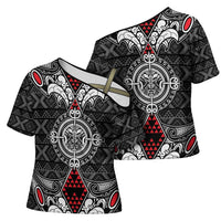 Black Aotearoa Taniko Motif Cross Shoulder Shirt Vintage Maori New Zealand Tribal Art Pattern LT9 - Polynesian Pride