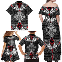 Black Aotearoa Tanilo Motif Family Matching Off Shoulder Maxi Dress and Hawaiian Shirt Vintage Maori New Zealand Tribal Art Pattern
