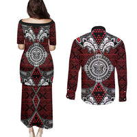 Red Aotearoa Tanilo Motif Couples Matching Puletasi and Long Sleeve Button Shirt Vintage Maori New Zealand Tribal Art Pattern LT9 - Polynesian Pride