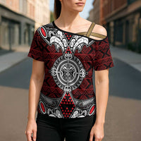 Red Aotearoa Taniko Motif Cross Shoulder Shirt Vintage Maori New Zealand Tribal Art Pattern LT9 - Polynesian Pride