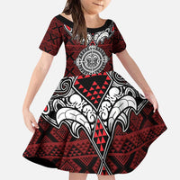 Red Aotearoa Tanilo Motif Family Matching Puletasi and Hawaiian Shirt Vintage Maori New Zealand Tribal Art Pattern