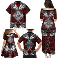 Red Aotearoa Tanilo Motif Family Matching Puletasi and Hawaiian Shirt Vintage Maori New Zealand Tribal Art Pattern