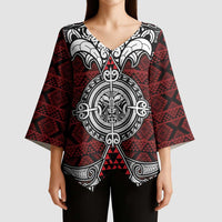 Red Aotearoa Taniko Motif Kimono Sleeve Blouse Vintage Maori New Zealand Tribal Art Pattern - Polynesian Pride