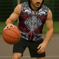 Red Aotearoa Taniko Motif Sleeveless Zip Hoodie Vintage Maori New Zealand Tribal Art Pattern LT9 - Polynesian Pride