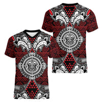 Red Aotearoa Tanilo Motif Women V-Neck T-Shirt Vintage Maori New Zealand Tribal Art Pattern LT9 - Polynesian Pride