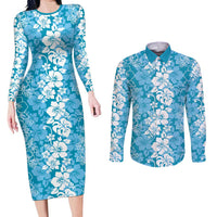 Hawaiian Lei Day Couples Matching Long Sleeve Bodycon Dress and Long Sleeve Button Shirt Blue Hibiscus Flowers Lei Art