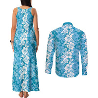 Hawaiian Lei Day Couples Matching Tank Maxi Dress and Long Sleeve Button Shirt Blue Hibiscus Flowers Lei Art