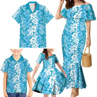 Hawaiian Lei Day Family Matching Mermaid Dress and Hawaiian Shirt Blue Hibiscus Flowers Lei Art