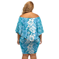 Hawaiian Lei Day Family Matching Off Shoulder Short Dress and Hawaiian Shirt Blue Hibiscus Flowers Lei Art