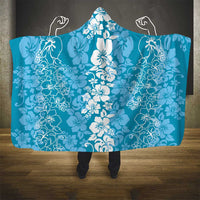 Hawaiian Lei Day Hooded Blanket Blue Hibiscus Flowers Lei Art