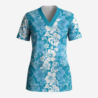 Hawaiian Lei Day Scrub Top Blue Hibiscus Flowers Lei Art - Polynesian Pride