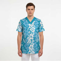 Hawaiian Lei Day Scrub Top Blue Hibiscus Flowers Lei Art - Polynesian Pride