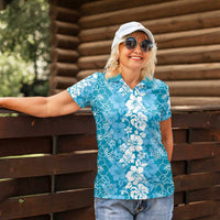 Hawaiian Lei Day Women Polo Shirt Blue Hibiscus Flowers Lei Art
