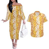 Hawaiian Lei Day Couples Matching Off The Shoulder Long Sleeve Dress and Hawaiian Shirt Gold Hibiscus Flowers Lei Art LT9 Gold - Polynesian Pride