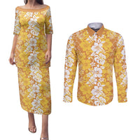 Hawaiian Lei Day Couples Matching Puletasi and Long Sleeve Button Shirt Gold Hibiscus Flowers Lei Art