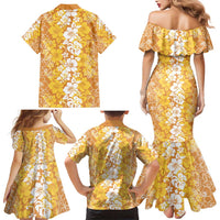 Hawaiian Lei Day Family Matching Mermaid Dress and Hawaiian Shirt Gold Hibiscus Flowers Lei Art
