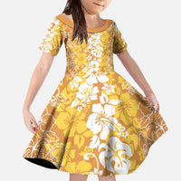 Hawaiian Lei Day Family Matching Off The Shoulder Long Sleeve Dress and Hawaiian Shirt Gold Hibiscus Flowers Lei Art LT9 Daughter's Dress Gold - Polynesian Pride