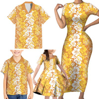 Hawaiian Lei Day Family Matching Short Sleeve Bodycon Dress and Hawaiian Shirt Gold Hibiscus Flowers Lei Art