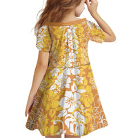Hawaiian Lei Day Kid Short Sleeve Dress Gold Hibiscus Flowers Lei Art