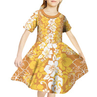 Hawaiian Lei Day Kid Short Sleeve Dress Gold Hibiscus Flowers Lei Art