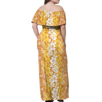 Hawaiian Lei Day Off Shoulder Maxi Dress Gold Hibiscus Flowers Lei Art