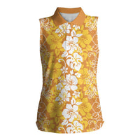 Hawaiian Lei Day Women Sleeveless Polo Shirt Gold Hibiscus Flowers Lei Art
