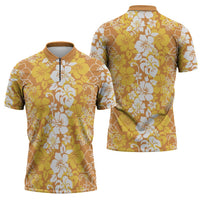 Hawaiian Lei Day Zipper Polo Shirt Gold Hibiscus Flowers Lei Art - Polynesian Pride
