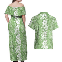 Hawaiian Lei Day Couples Matching Off Shoulder Maxi Dress and Hawaiian Shirt Green Hibiscus Flowers Lei Art