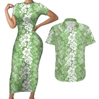 Hawaiian Lei Day Couples Matching Short Sleeve Bodycon Dress and Hawaiian Shirt Green Hibiscus Flowers Lei Art