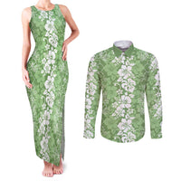 Hawaiian Lei Day Couples Matching Tank Maxi Dress and Long Sleeve Button Shirt Green Hibiscus Flowers Lei Art