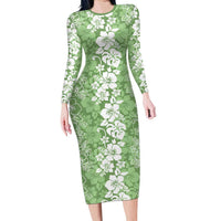 Hawaiian Lei Day Family Matching Long Sleeve Bodycon Dress and Hawaiian Shirt Green Hibiscus Flowers Lei Art
