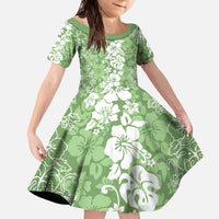 Hawaiian Lei Day Family Matching Off The Shoulder Long Sleeve Dress and Hawaiian Shirt Green Hibiscus Flowers Lei Art LT9 Daughter's Dress Green - Polynesian Pride