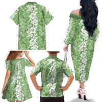 Hawaiian Lei Day Family Matching Off The Shoulder Long Sleeve Dress and Hawaiian Shirt Green Hibiscus Flowers Lei Art LT9 - Polynesian Pride