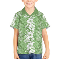 Hawaiian Lei Day Family Matching Off The Shoulder Long Sleeve Dress and Hawaiian Shirt Green Hibiscus Flowers Lei Art LT9 Son's Shirt Green - Polynesian Pride