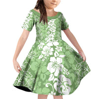 Hawaiian Lei Day Family Matching Off Shoulder Short Dress and Hawaiian Shirt Green Hibiscus Flowers Lei Art