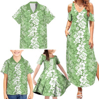 Hawaiian Lei Day Family Matching Summer Maxi Dress and Hawaiian Shirt Green Hibiscus Flowers Lei Art