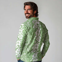 Hawaiian Lei Day Long Sleeve Polo Shirt Green Hibiscus Flowers Lei Art