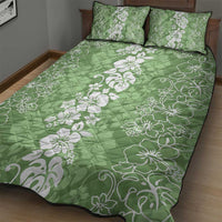 Hawaiian Lei Day Quilt Bed Set Green Hibiscus Flowers Lei Art